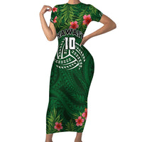 Custom Hawaii Volleyball Short Sleeve Bodycon Dress Kakau Abstract and Tropical Plants Green Color LT03 Long Dress Green - Polynesian Pride