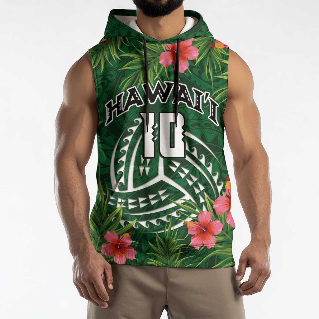 Custom Hawaii Volleyball Sleeveless Hoodie Kakau Abstract and Tropical Plants Green Color LT03 - Polynesian Pride