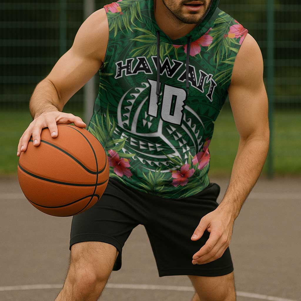 Custom Hawaii Volleyball Sleeveless Hoodie Kakau Abstract and Tropical Plants Green Color LT03 - Polynesian Pride