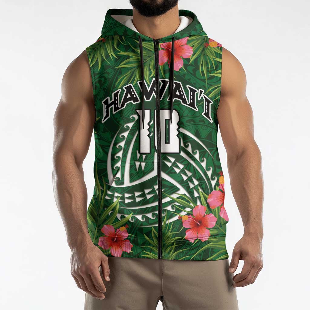 Custom Hawaii Volleyball Sleeveless Zip Hoodie Kakau Abstract and Tropical Plants Green Color LT03 - Polynesian Pride