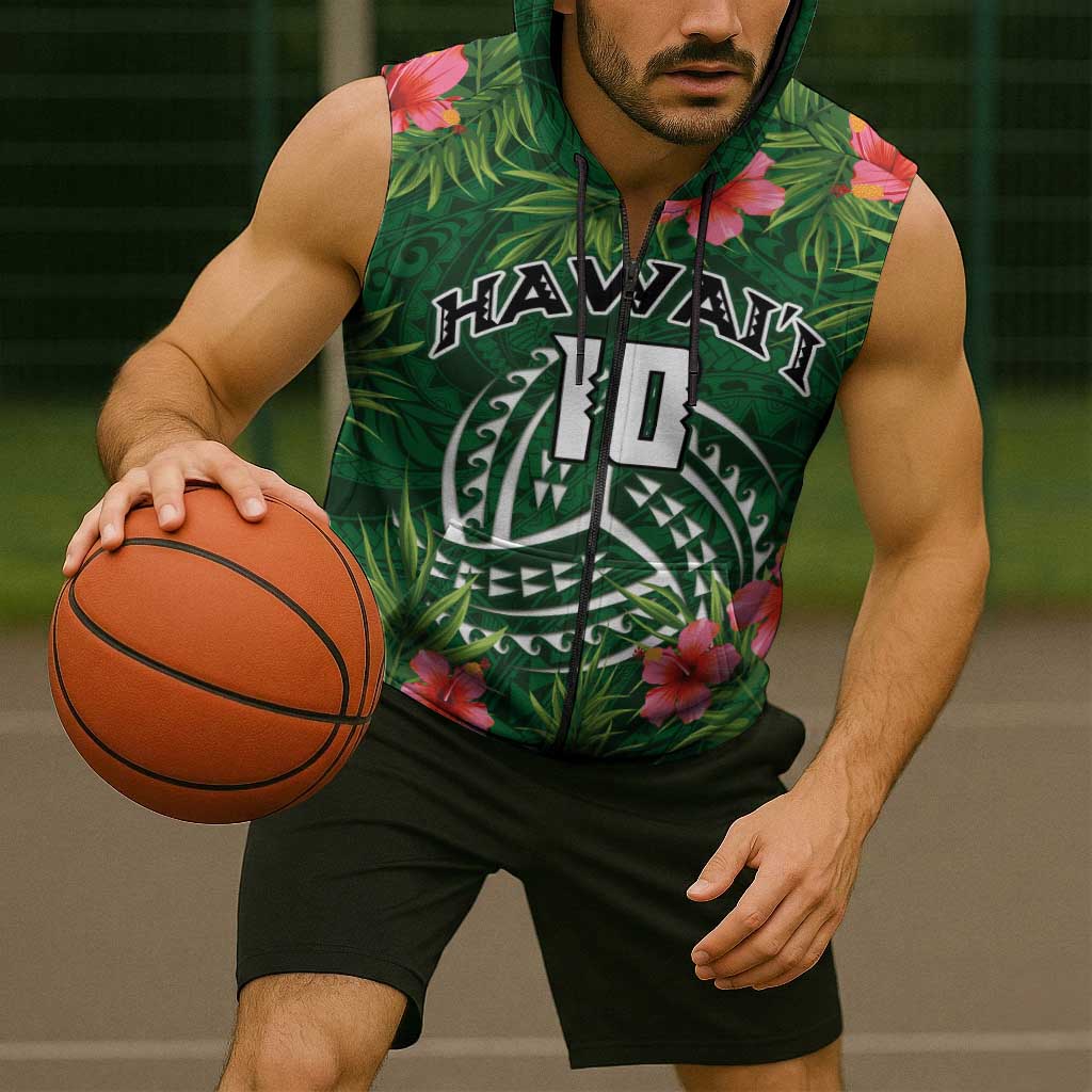 Custom Hawaii Volleyball Sleeveless Zip Hoodie Kakau Abstract and Tropical Plants Green Color LT03 - Polynesian Pride