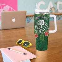 Custom Hawaii Volleyball Tumbler With Handle Kakau Abstract and Tropical Plants Green Color - Polynesian Pride