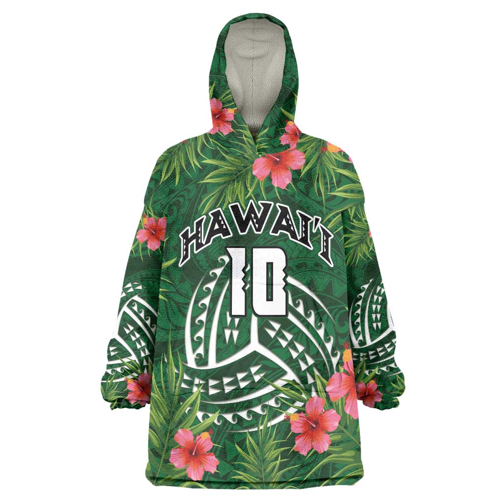Custom Hawaii Volleyball Wearable Blanket Hoodie Kakau Abstract and Tropical Plants Green Color LT03 One Size Green - Polynesian Pride