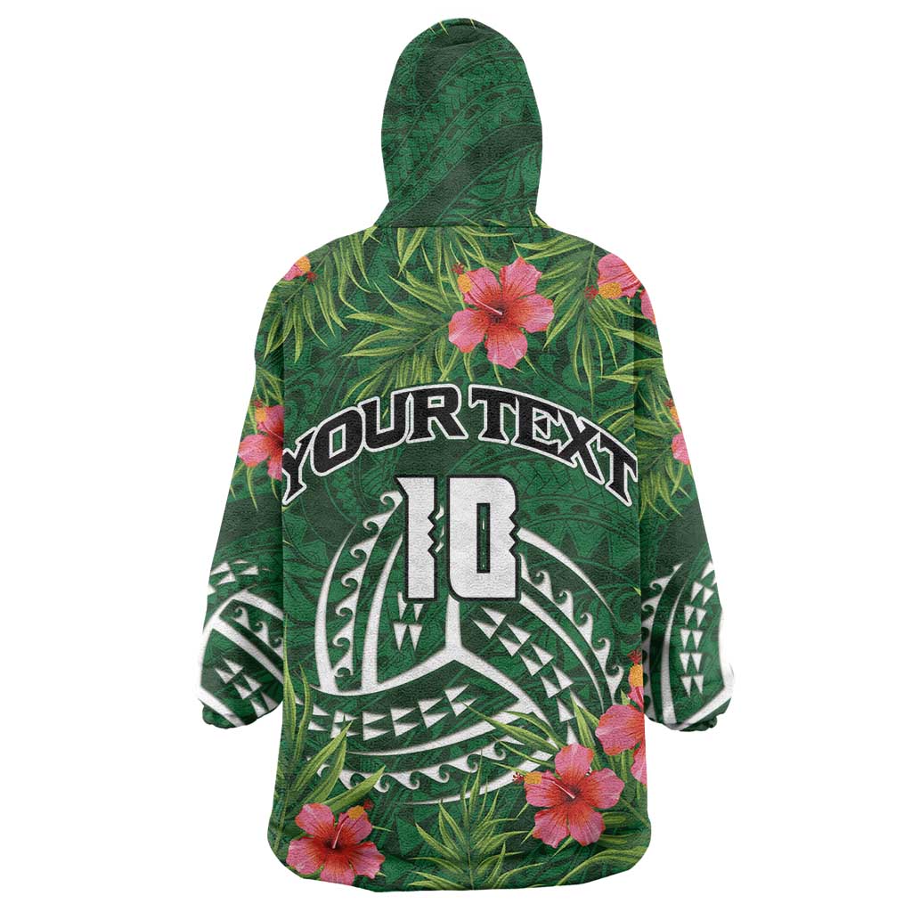 Custom Hawaii Volleyball Wearable Blanket Hoodie Kakau Abstract and Tropical Plants Green Color LT03 - Polynesian Pride