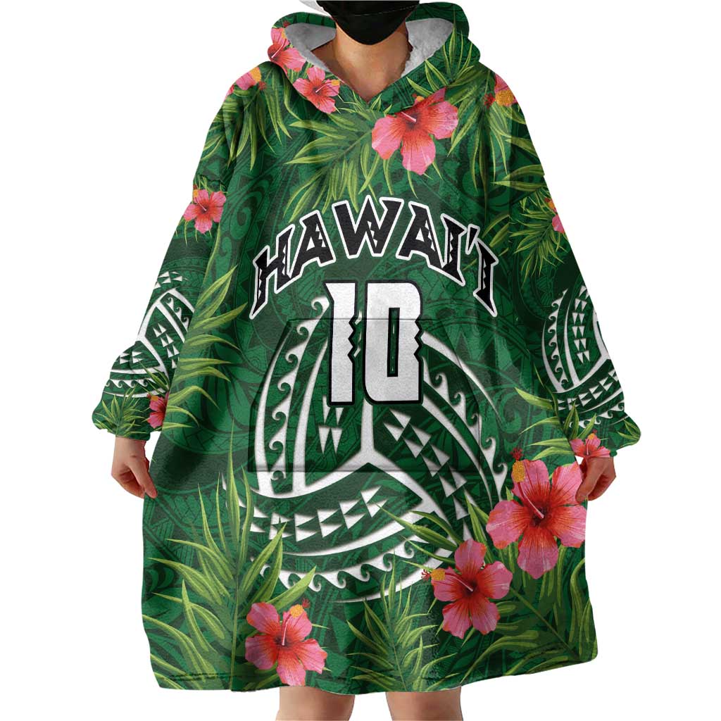 Custom Hawaii Volleyball Wearable Blanket Hoodie Kakau Abstract and Tropical Plants Green Color LT03 - Polynesian Pride