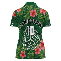 Custom Hawaii Volleyball Women Polo Shirt Kakau Abstract and Tropical Plants Green Color - Polynesian Pride