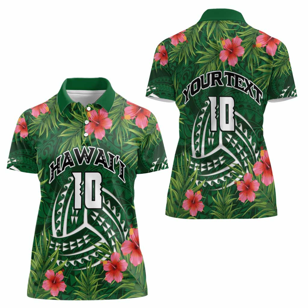 Custom Hawaii Volleyball Women Polo Shirt Kakau Abstract and Tropical Plants Green Color - Polynesian Pride