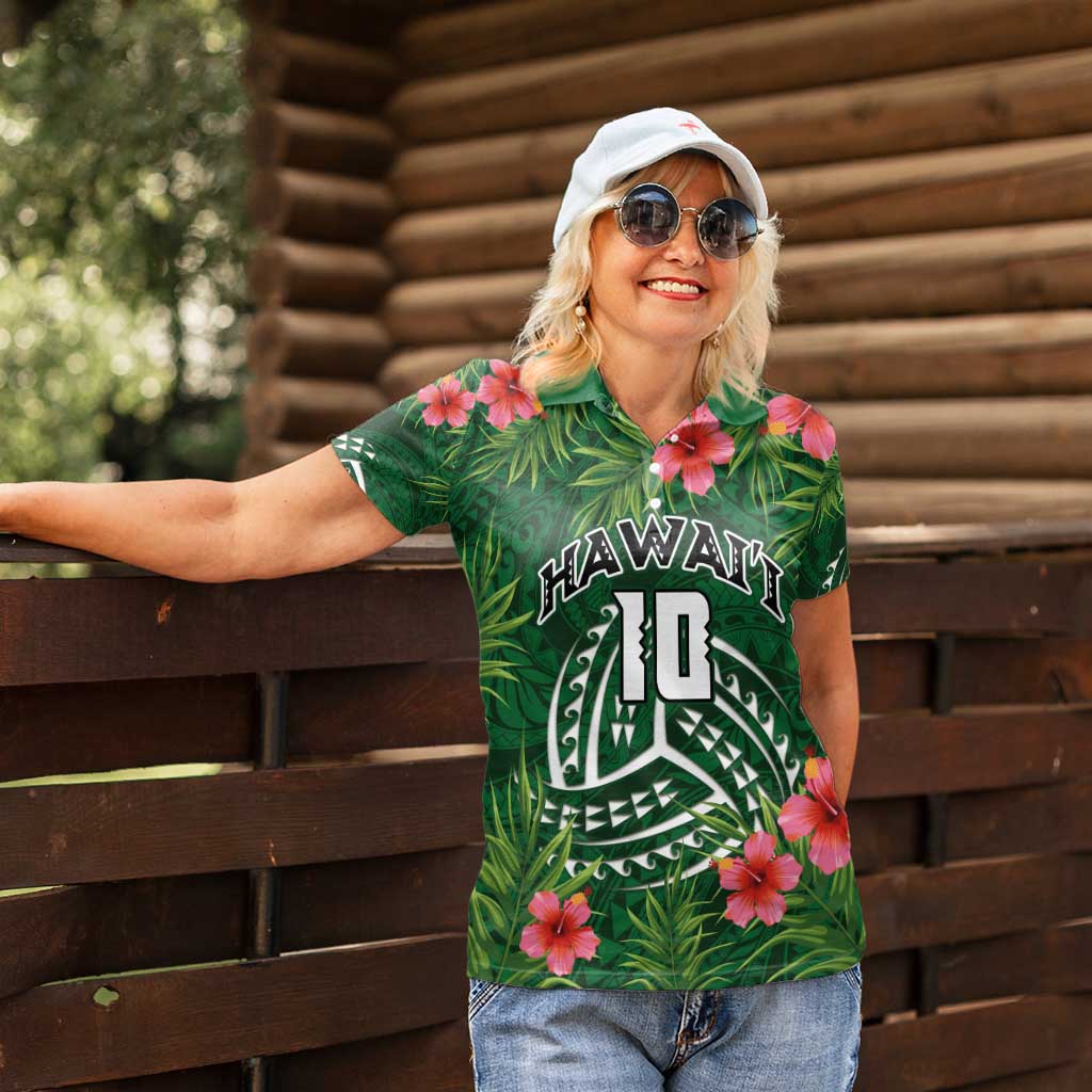 Custom Hawaii Volleyball Women Polo Shirt Kakau Abstract and Tropical Plants Green Color - Polynesian Pride