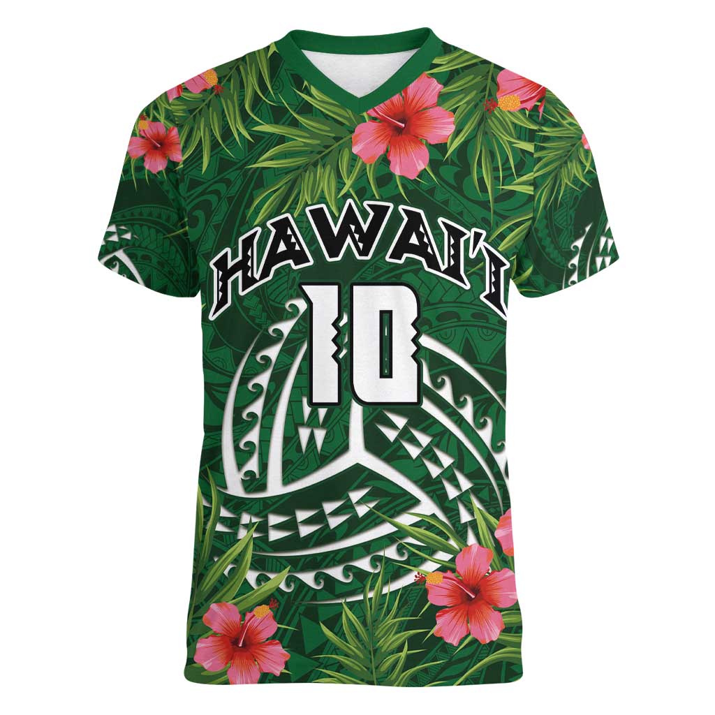 Custom Hawaii Volleyball Women V-Neck T-Shirt Kakau Abstract and Tropical Plants Green Color LT03 Female Green - Polynesian Pride