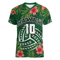 Custom Hawaii Volleyball Women V-Neck T-Shirt Kakau Abstract and Tropical Plants Green Color LT03 Female Green - Polynesian Pride