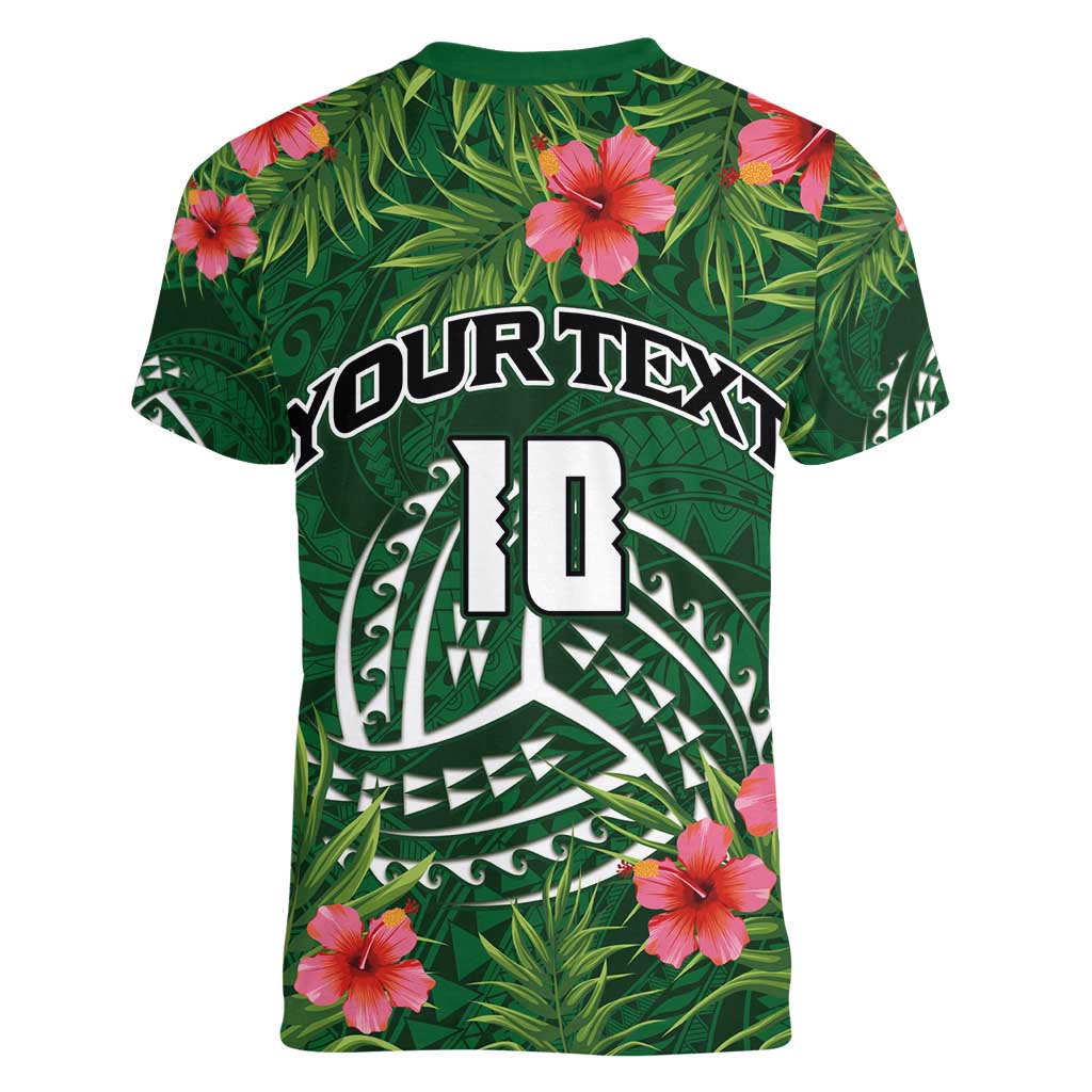 Custom Hawaii Volleyball Women V-Neck T-Shirt Kakau Abstract and Tropical Plants Green Color LT03 - Polynesian Pride