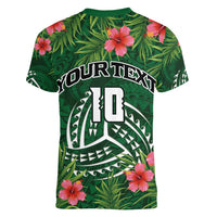 Custom Hawaii Volleyball Women V-Neck T-Shirt Kakau Abstract and Tropical Plants Green Color LT03 - Polynesian Pride
