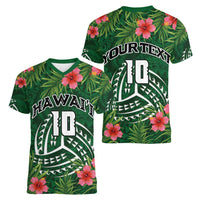 Custom Hawaii Volleyball Women V-Neck T-Shirt Kakau Abstract and Tropical Plants Green Color LT03 - Polynesian Pride