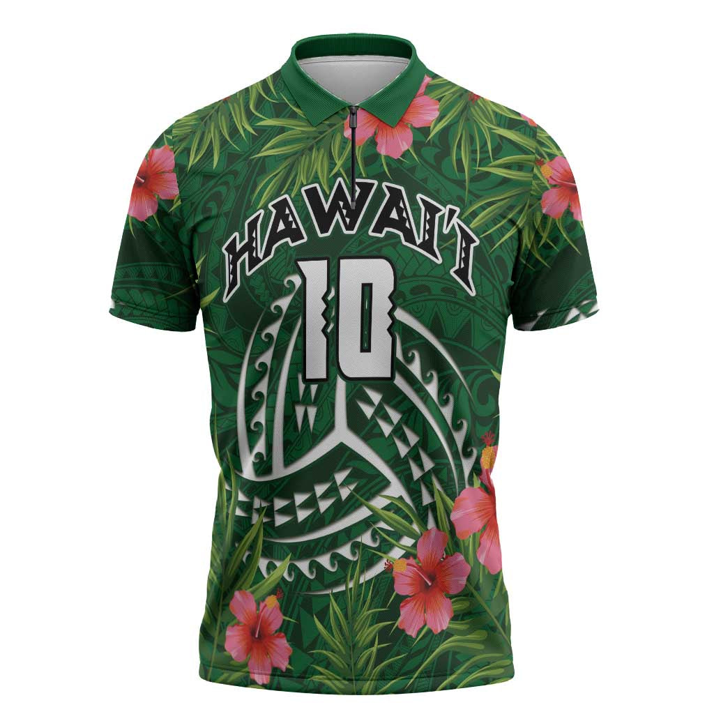 Custom Hawaii Volleyball Zipper Polo Shirt Kakau Abstract and Tropical Plants Green Color LT03 Green - Polynesian Pride