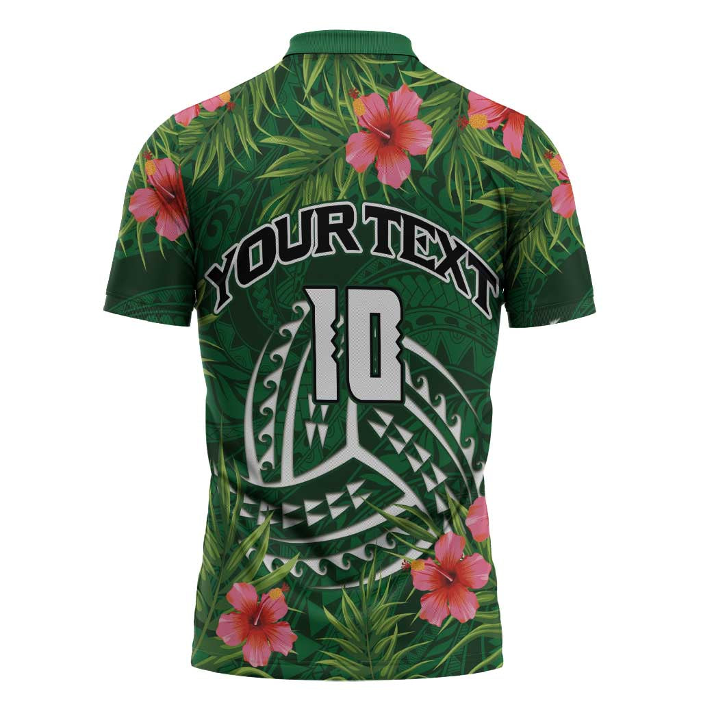 Custom Hawaii Volleyball Zipper Polo Shirt Kakau Abstract and Tropical Plants Green Color LT03 - Polynesian Pride
