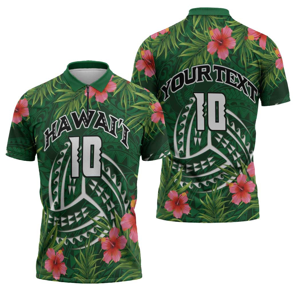 Custom Hawaii Volleyball Zipper Polo Shirt Kakau Abstract and Tropical Plants Green Color LT03 - Polynesian Pride