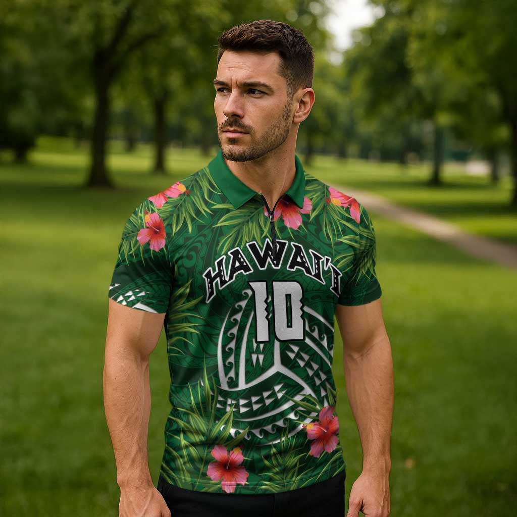 Custom Hawaii Volleyball Zipper Polo Shirt Kakau Abstract and Tropical Plants Green Color LT03 - Polynesian Pride