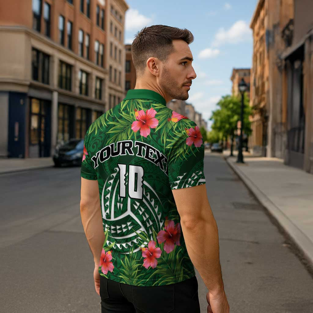 Custom Hawaii Volleyball Zipper Polo Shirt Kakau Abstract and Tropical Plants Green Color LT03 - Polynesian Pride