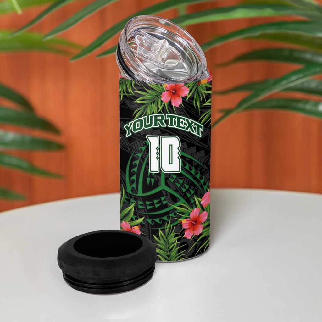 Custom Hawaii Volleyball 4 in 1 Can Cooler Tumbler Kakau Abstract and Tropical Plants Black Color LT03 - Polynesian Pride