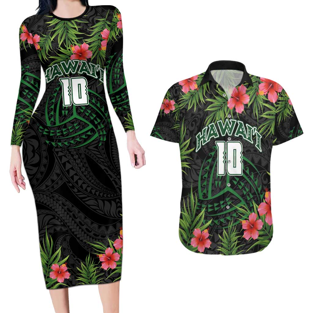 Custom Hawaii Volleyball Couples Matching Long Sleeve Bodycon Dress and Hawaiian Shirt Kakau Abstract and Tropical Plants Black Color LT03 Black - Polynesian Pride