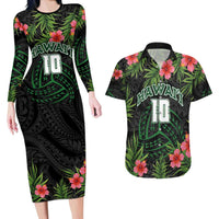 Custom Hawaii Volleyball Couples Matching Long Sleeve Bodycon Dress and Hawaiian Shirt Kakau Abstract and Tropical Plants Black Color LT03 Black - Polynesian Pride
