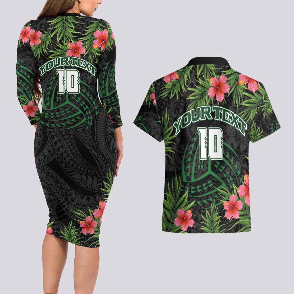 Custom Hawaii Volleyball Couples Matching Long Sleeve Bodycon Dress and Hawaiian Shirt Kakau Abstract and Tropical Plants Black Color LT03 - Polynesian Pride
