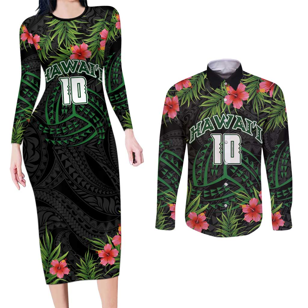 Custom Hawaii Volleyball Couples Matching Long Sleeve Bodycon Dress and Long Sleeve Button Shirt Kakau Abstract and Tropical Plants Black Color LT03 Black - Polynesian Pride