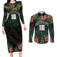 Custom Hawaii Volleyball Couples Matching Long Sleeve Bodycon Dress and Long Sleeve Button Shirt Kakau Abstract and Tropical Plants Black Color LT03 Black - Polynesian Pride