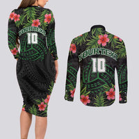Custom Hawaii Volleyball Couples Matching Long Sleeve Bodycon Dress and Long Sleeve Button Shirt Kakau Abstract and Tropical Plants Black Color LT03 - Polynesian Pride