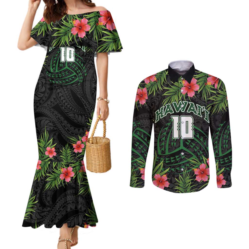 Custom Hawaii Volleyball Couples Matching Mermaid Dress and Long Sleeve Button Shirt Kakau Abstract and Tropical Plants Black Color LT03 Black - Polynesian Pride