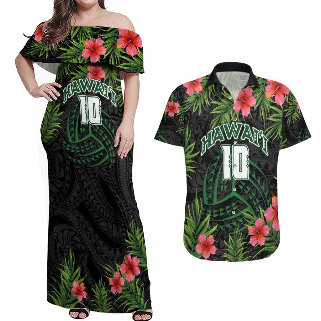 Custom Hawaii Volleyball Couples Matching Off Shoulder Maxi Dress and Hawaiian Shirt Kakau Abstract and Tropical Plants Black Color LT03 Black - Polynesian Pride