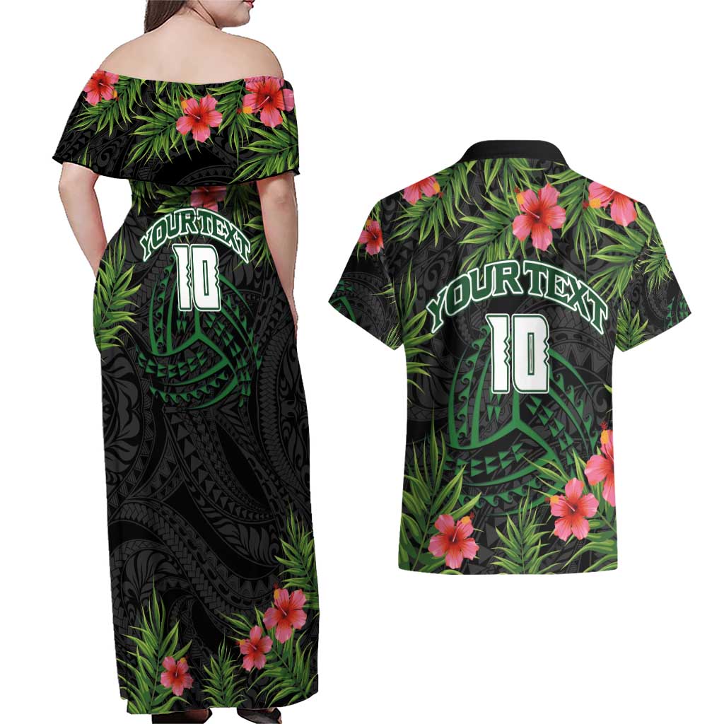 Custom Hawaii Volleyball Couples Matching Off Shoulder Maxi Dress and Hawaiian Shirt Kakau Abstract and Tropical Plants Black Color LT03 - Polynesian Pride