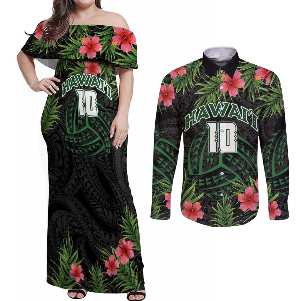 Custom Hawaii Volleyball Couples Matching Off Shoulder Maxi Dress and Long Sleeve Button Shirt Kakau Abstract and Tropical Plants Black Color LT03 Black - Polynesian Pride