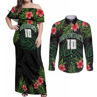 Custom Hawaii Volleyball Couples Matching Off Shoulder Maxi Dress and Long Sleeve Button Shirt Kakau Abstract and Tropical Plants Black Color LT03 Black - Polynesian Pride