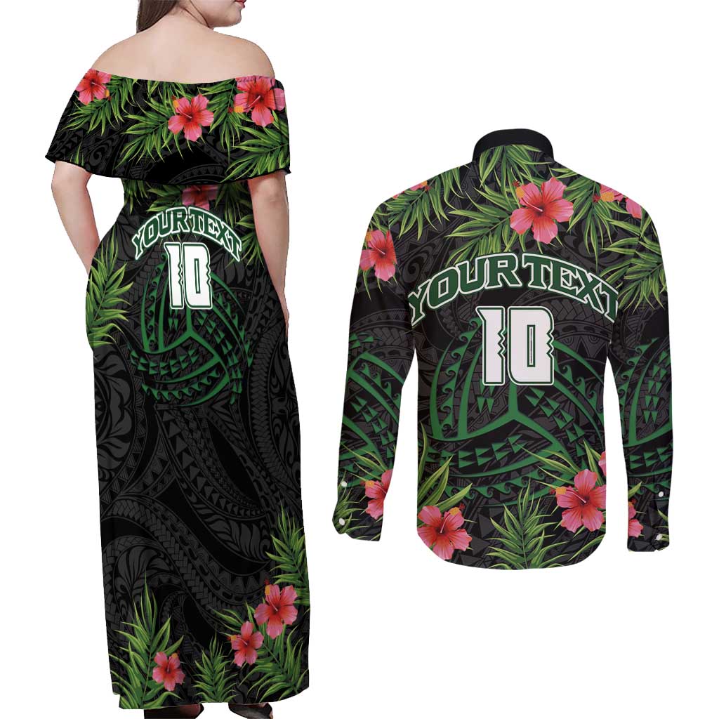 Custom Hawaii Volleyball Couples Matching Off Shoulder Maxi Dress and Long Sleeve Button Shirt Kakau Abstract and Tropical Plants Black Color LT03 - Polynesian Pride