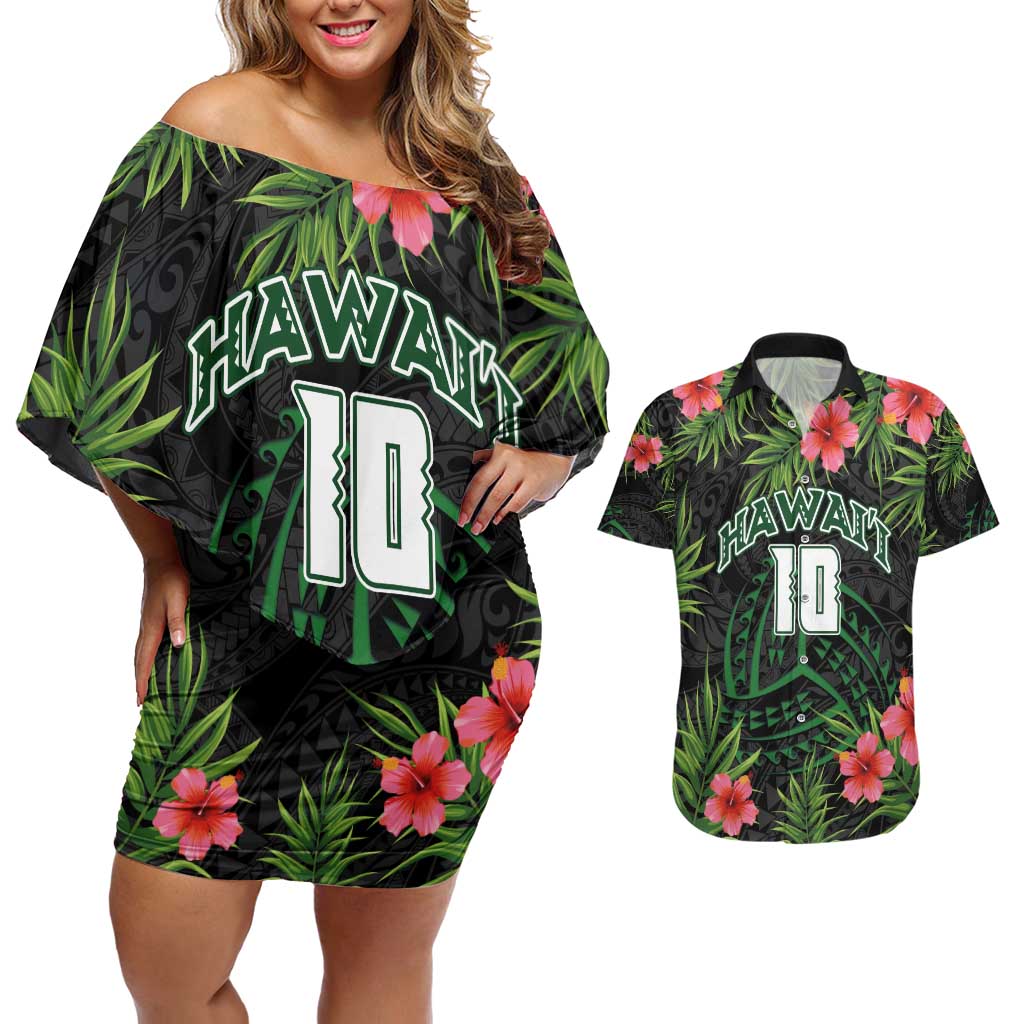 Custom Hawaii Volleyball Couples Matching Off Shoulder Short Dress and Hawaiian Shirt Kakau Abstract and Tropical Plants Black Color LT03 Black - Polynesian Pride