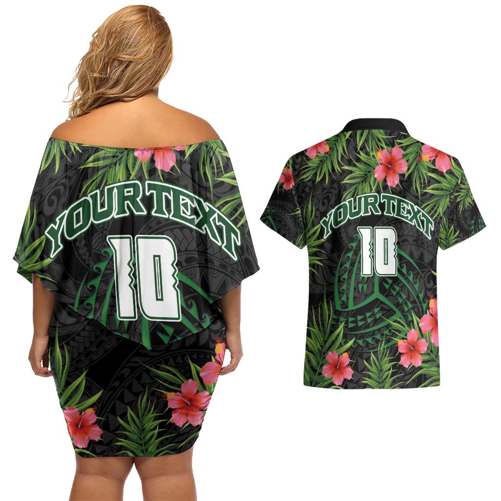 Custom Hawaii Volleyball Couples Matching Off Shoulder Short Dress and Hawaiian Shirt Kakau Abstract and Tropical Plants Black Color LT03 - Polynesian Pride