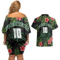 Custom Hawaii Volleyball Couples Matching Off Shoulder Short Dress and Hawaiian Shirt Kakau Abstract and Tropical Plants Black Color LT03 - Polynesian Pride
