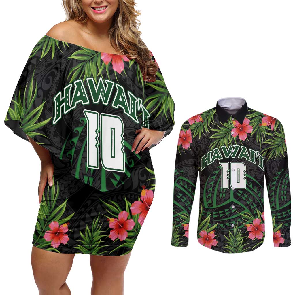 Custom Hawaii Volleyball Couples Matching Off Shoulder Short Dress and Long Sleeve Button Shirt Kakau Abstract and Tropical Plants Black Color LT03 Black - Polynesian Pride