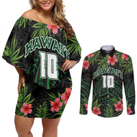 Custom Hawaii Volleyball Couples Matching Off Shoulder Short Dress and Long Sleeve Button Shirt Kakau Abstract and Tropical Plants Black Color LT03 Black - Polynesian Pride