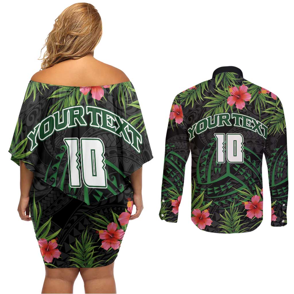 Custom Hawaii Volleyball Couples Matching Off Shoulder Short Dress and Long Sleeve Button Shirt Kakau Abstract and Tropical Plants Black Color LT03 - Polynesian Pride
