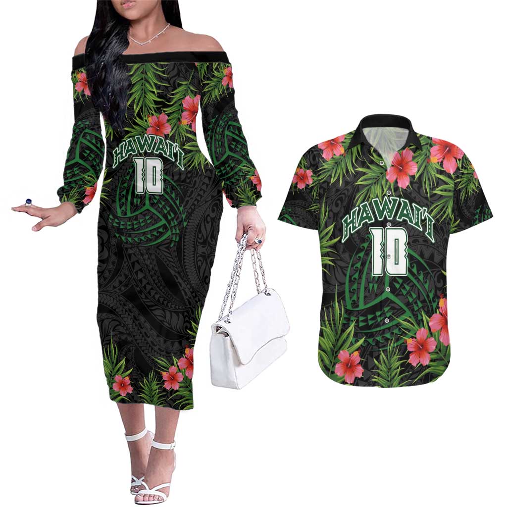 Custom Hawaii Volleyball Couples Matching Off The Shoulder Long Sleeve Dress and Hawaiian Shirt Kakau Abstract and Tropical Plants Black Color LT03 Black - Polynesian Pride