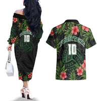 Custom Hawaii Volleyball Couples Matching Off The Shoulder Long Sleeve Dress and Hawaiian Shirt Kakau Abstract and Tropical Plants Black Color LT03 - Polynesian Pride