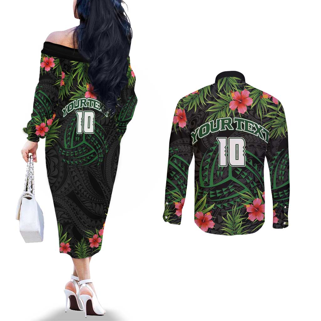 Custom Hawaii Volleyball Couples Matching Off The Shoulder Long Sleeve Dress and Long Sleeve Button Shirt Kakau Abstract and Tropical Plants Black Color LT03 - Polynesian Pride
