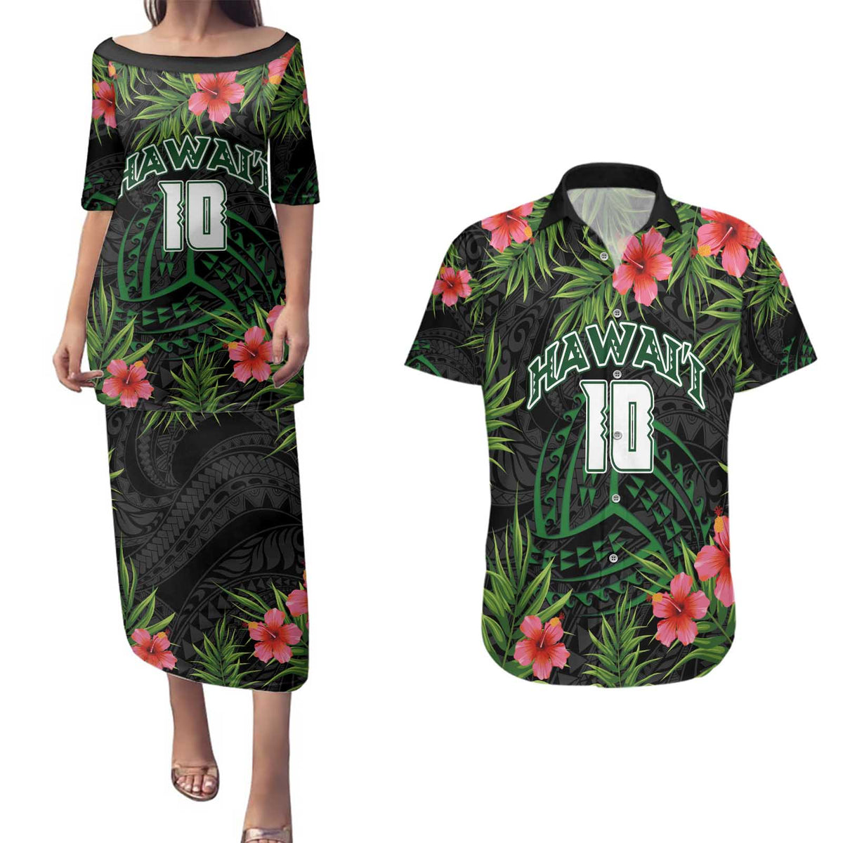 Custom Hawaii Volleyball Couples Matching Puletasi and Hawaiian Shirt Kakau Abstract and Tropical Plants Black Color LT03 Black - Polynesian Pride