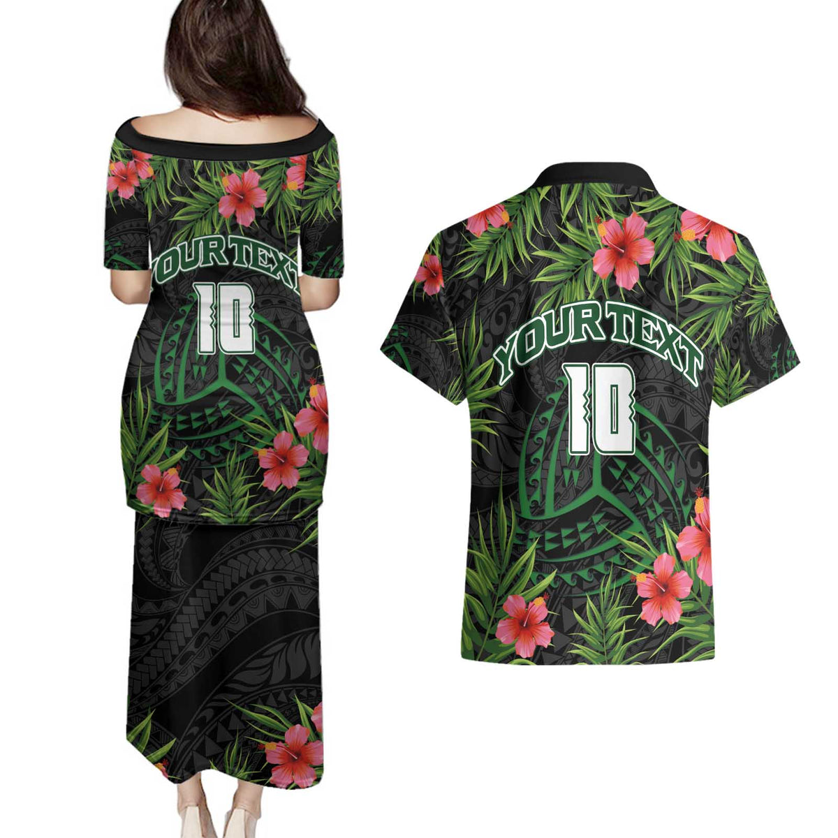 Custom Hawaii Volleyball Couples Matching Puletasi and Hawaiian Shirt Kakau Abstract and Tropical Plants Black Color LT03 - Polynesian Pride