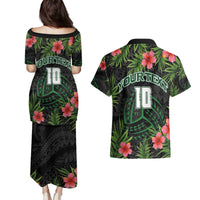 Custom Hawaii Volleyball Couples Matching Puletasi and Hawaiian Shirt Kakau Abstract and Tropical Plants Black Color LT03 - Polynesian Pride