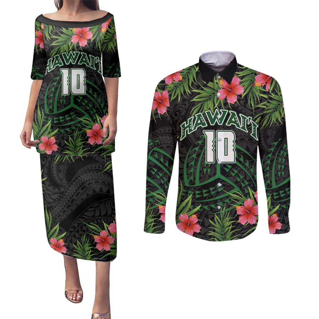 Custom Hawaii Volleyball Couples Matching Puletasi and Long Sleeve Button Shirt Kakau Abstract and Tropical Plants Black Color LT03 Black - Polynesian Pride