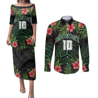 Custom Hawaii Volleyball Couples Matching Puletasi and Long Sleeve Button Shirt Kakau Abstract and Tropical Plants Black Color LT03 Black - Polynesian Pride