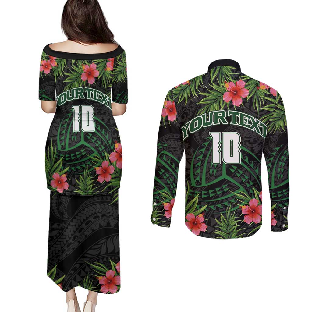 Custom Hawaii Volleyball Couples Matching Puletasi and Long Sleeve Button Shirt Kakau Abstract and Tropical Plants Black Color LT03 - Polynesian Pride